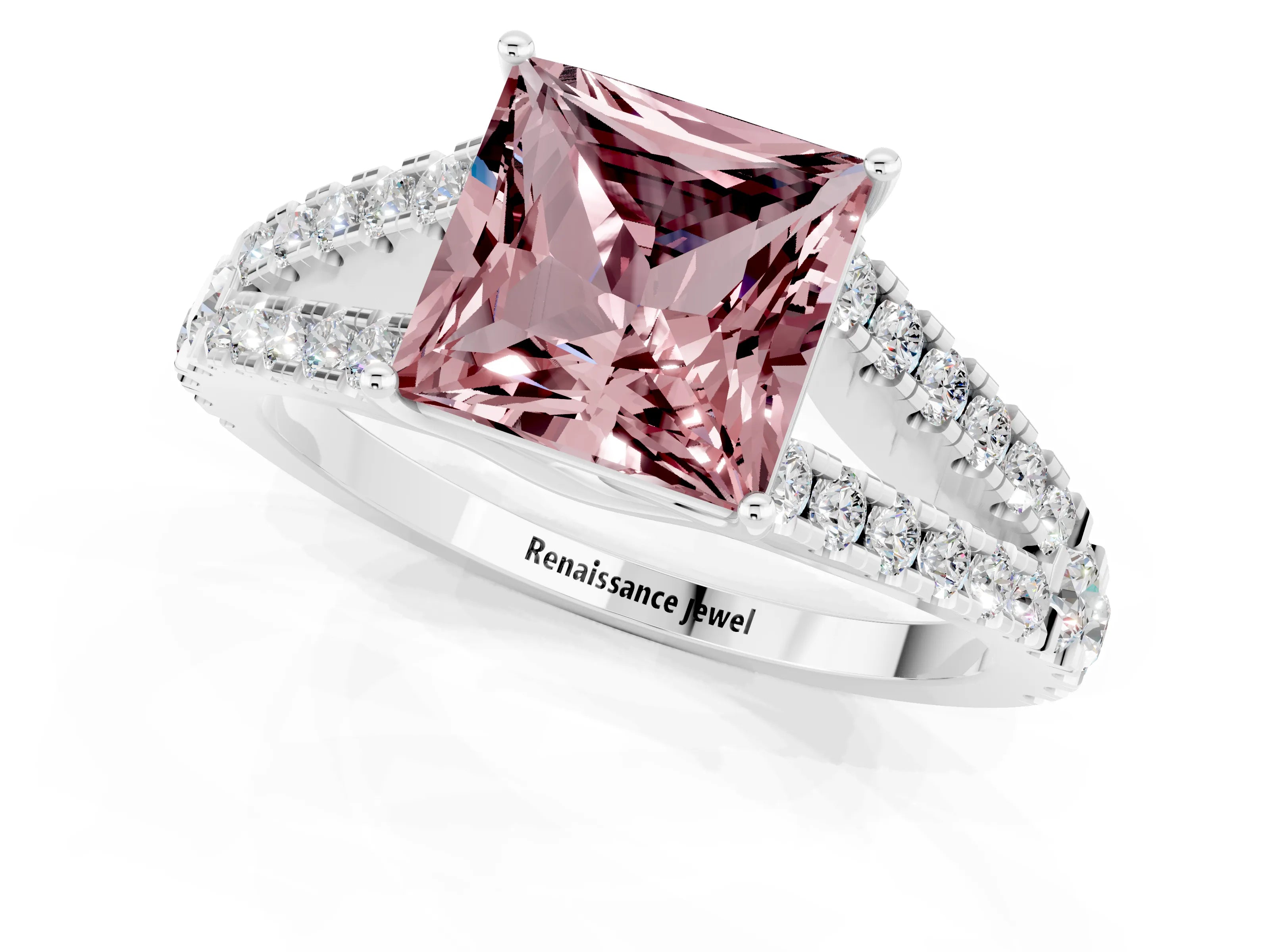 White gold Princess Cut Morganite Split Shank Pavé Engagement Ring with Four-Prong Setting_13