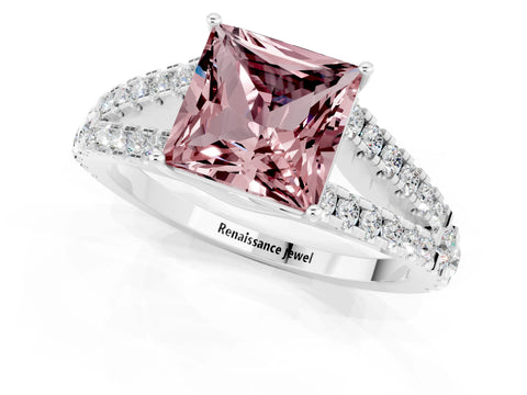 White gold Princess Cut Morganite Split Shank Pavé Engagement Ring with Four-Prong Setting_13
