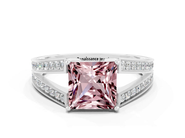 Platinum Princess Cut Morganite Split Shank Ring with Pavé Band and Four-Prong Setting