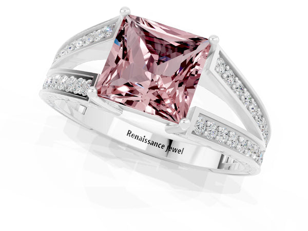 Platinum Princess Cut Morganite Split Shank Ring with Pavé Band and Four-Prong Setting