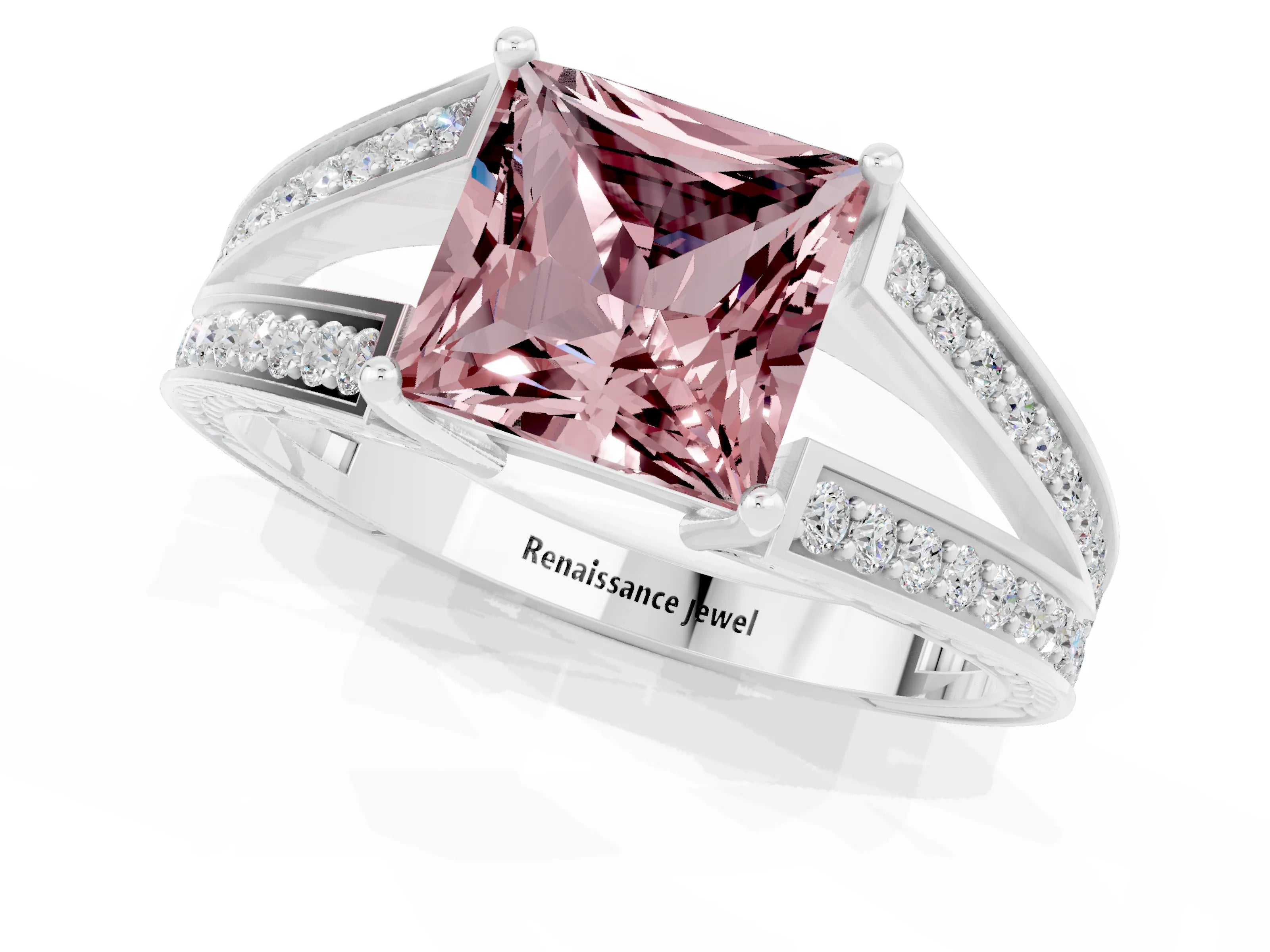 White gold Princess Cut Morganite Split Shank Ring with Pavé Band and Four-Prong Setting_1