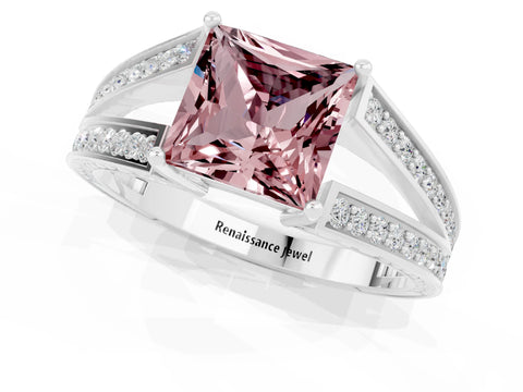 White gold Princess Cut Morganite Split Shank Ring with Pavé Band and Four-Prong Setting_1