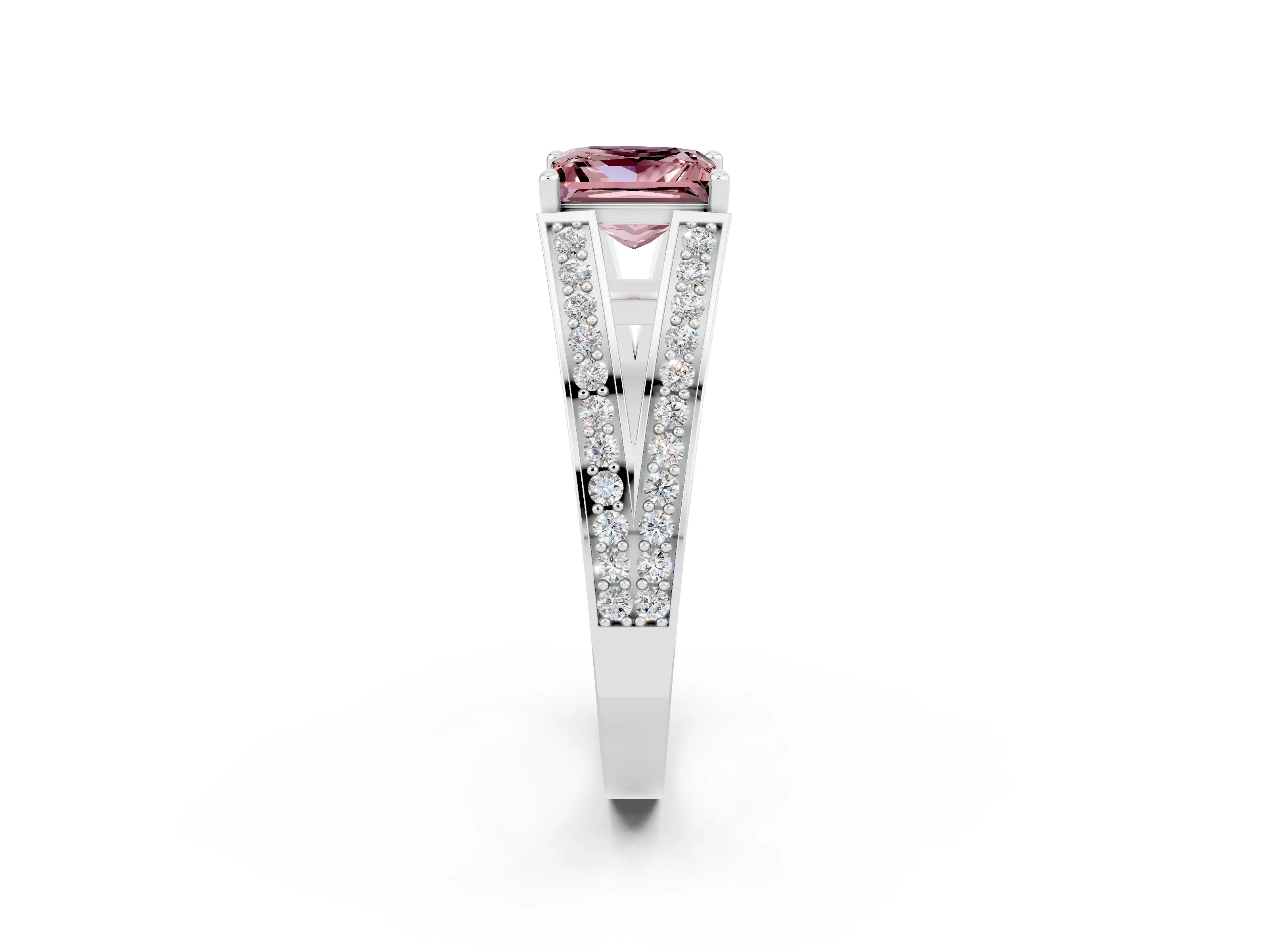 White gold Princess Cut Morganite Split Shank Ring with Pavé Band and Four-Prong Setting_2