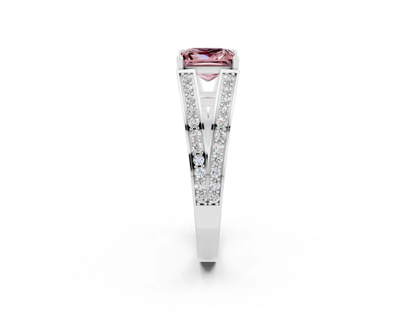 Silver Princess Cut Morganite Split Shank Ring with Pavé Band and Four-Prong Setting