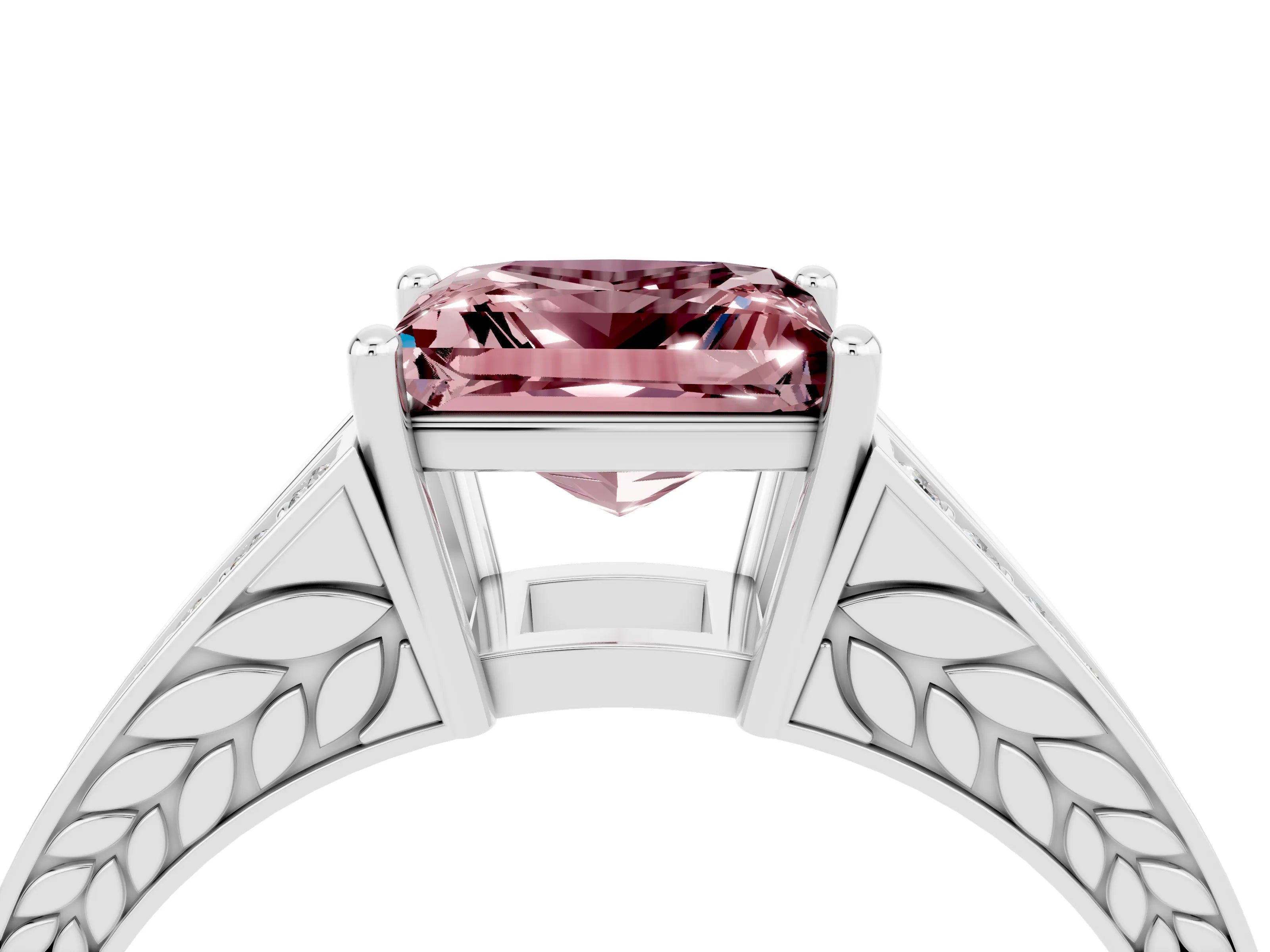 White gold Princess Cut Morganite Split Shank Ring with Pavé Band and Four-Prong Setting_4