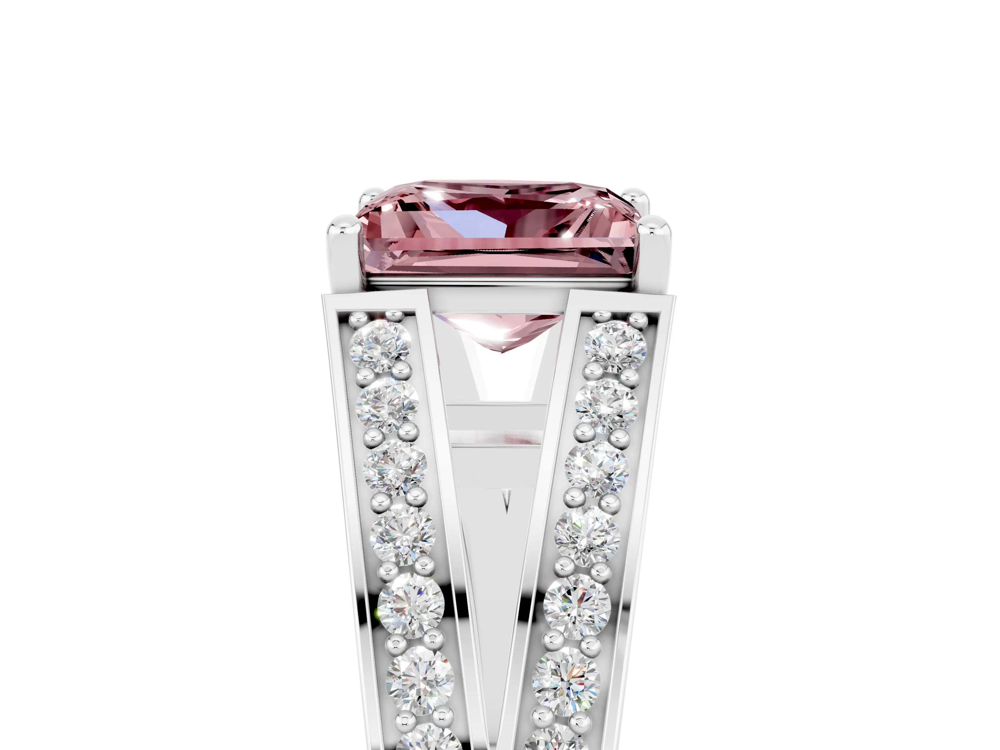 White gold Princess Cut Morganite Split Shank Ring with Pavé Band and Four-Prong Setting_5