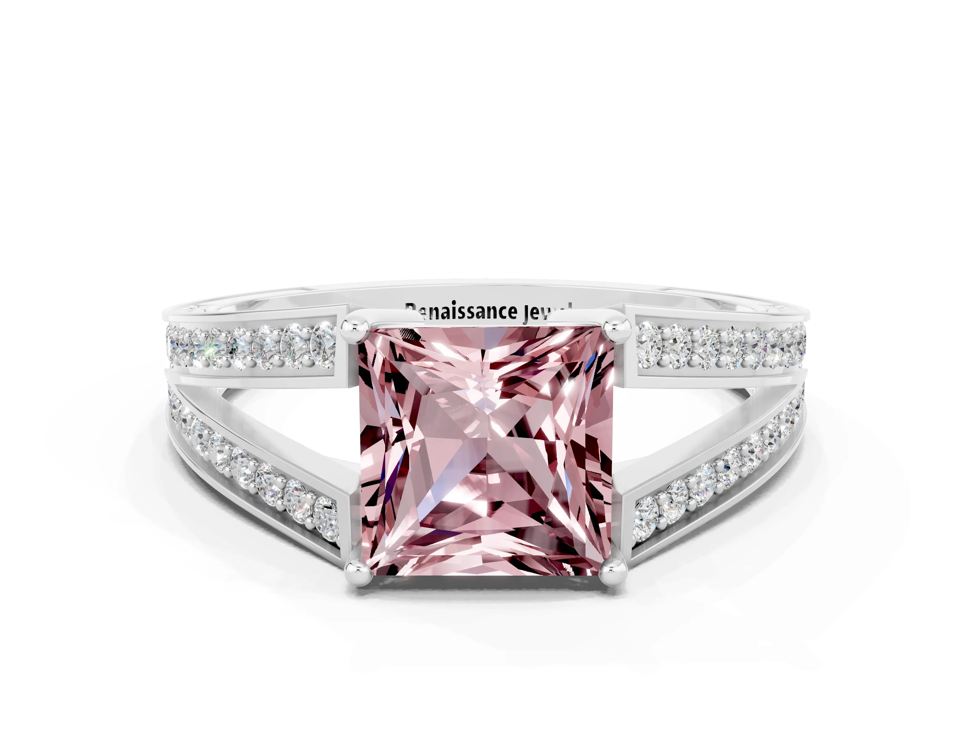 White gold Princess Cut Morganite Split Shank Ring with Pavé Band and Four-Prong Setting