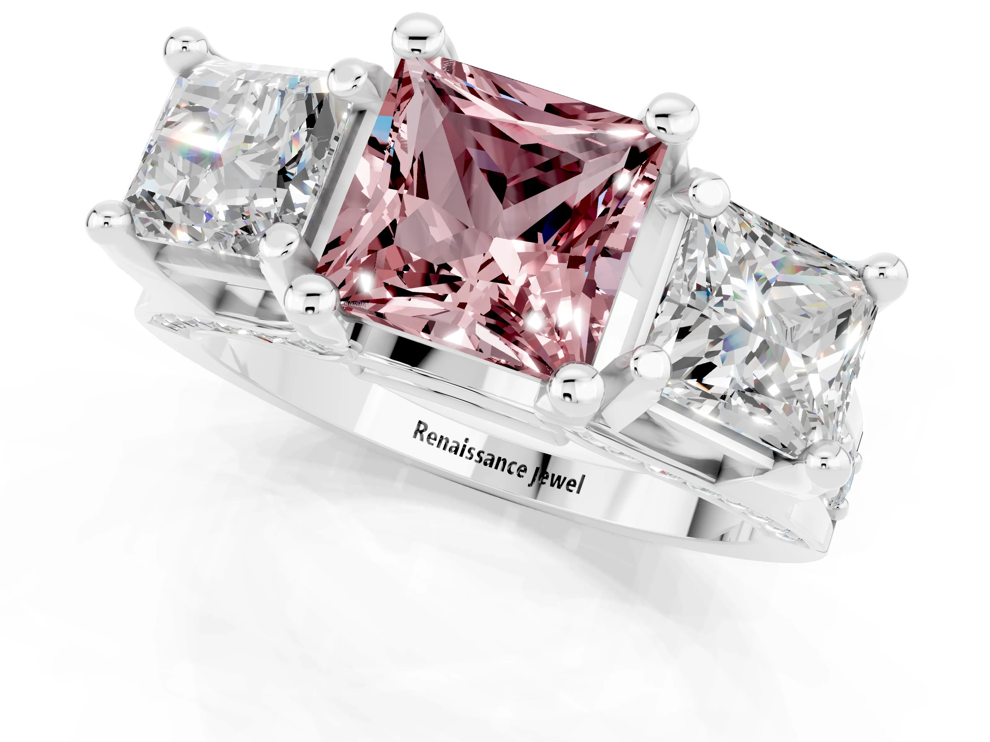 White gold Princess Cut Morganite Three-Stone Ring with Channel Set Band and Four-Prong Setting_1