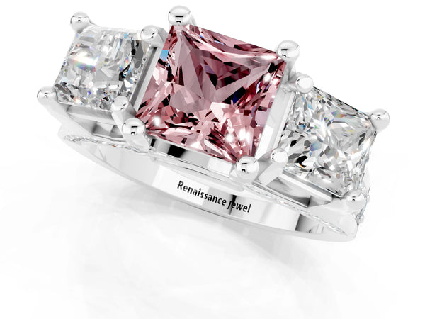 Silver Princess Cut Morganite Three-Stone Ring with Channel Set Band and Four-Prong Setting
