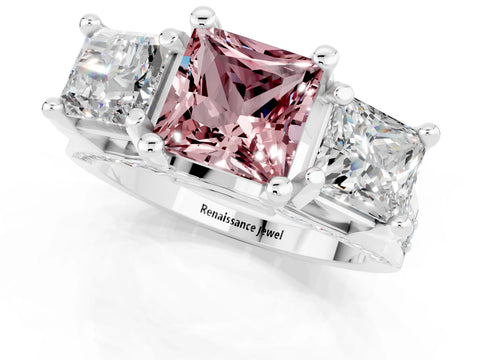 White gold Princess Cut Morganite Three-Stone Ring with Channel Set Band and Four-Prong Setting_1