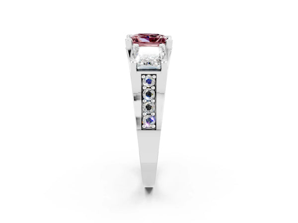 Silver Princess Cut Morganite Three-Stone Ring with Channel Set Band and Four-Prong Setting