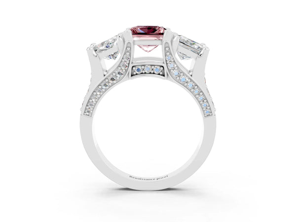 Silver Princess Cut Morganite Three-Stone Ring with Channel Set Band and Four-Prong Setting