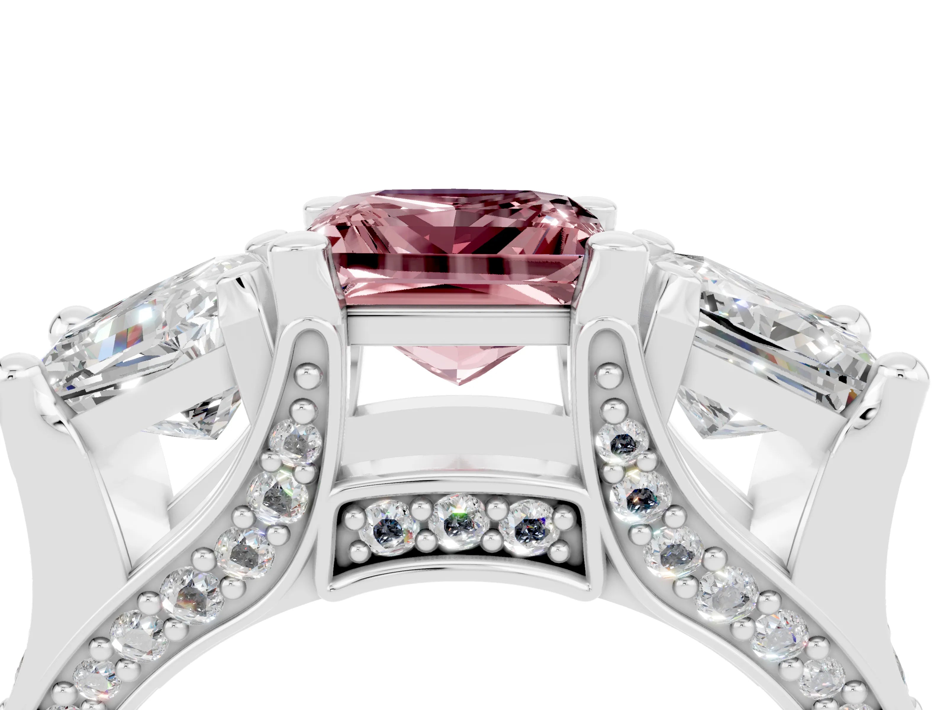 White gold Princess Cut Morganite Three-Stone Ring with Channel Set Band and Four-Prong Setting_4