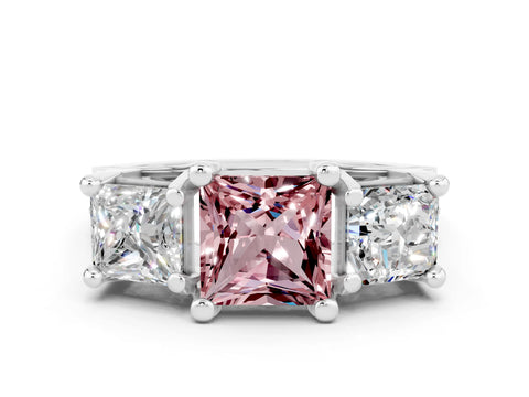 White gold Princess Cut Morganite Three-Stone Ring with Channel Set Band and Four-Prong Setting