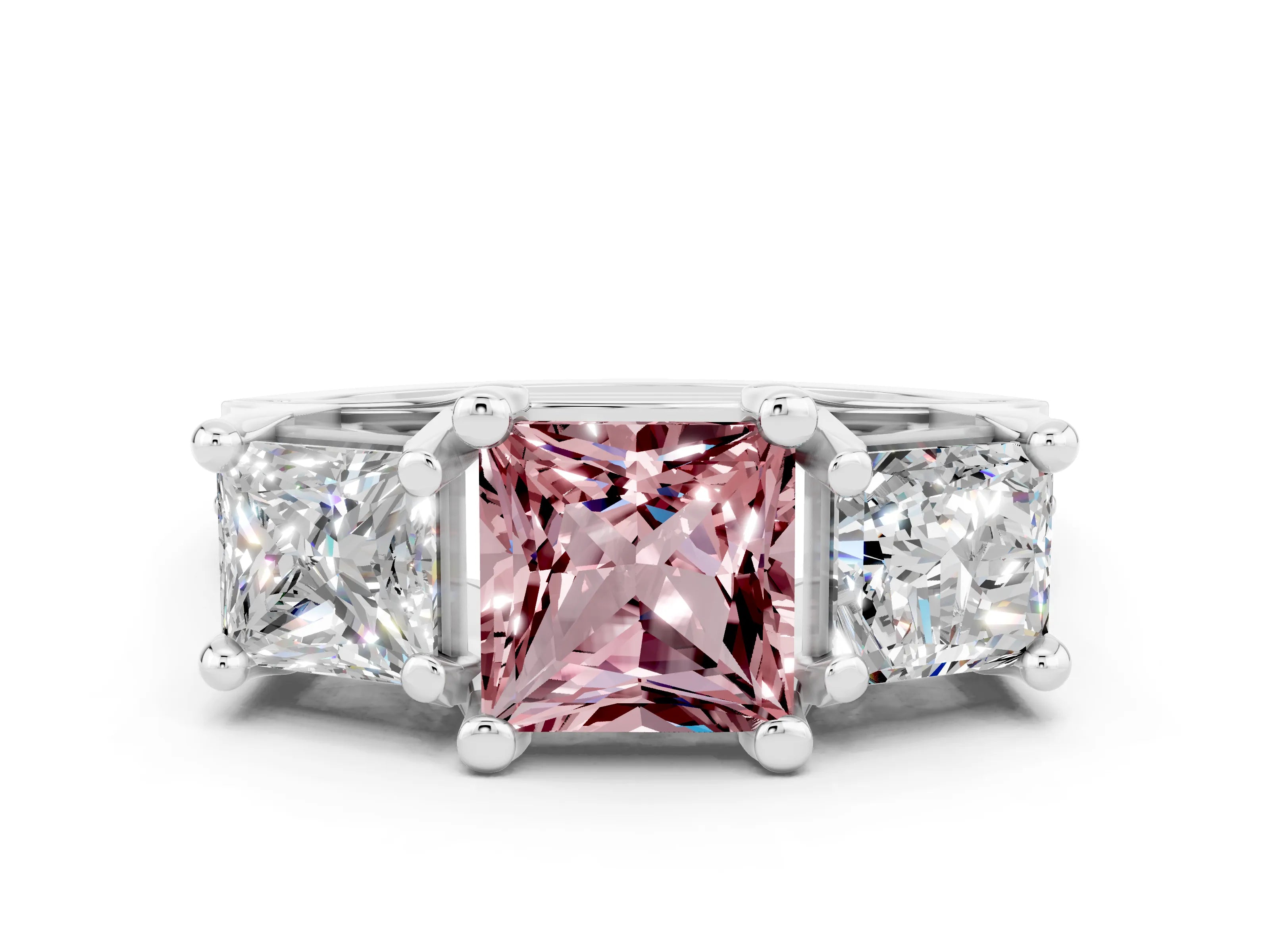 White gold Princess Cut Morganite Three-Stone Ring with Channel Set Band and Four-Prong Setting