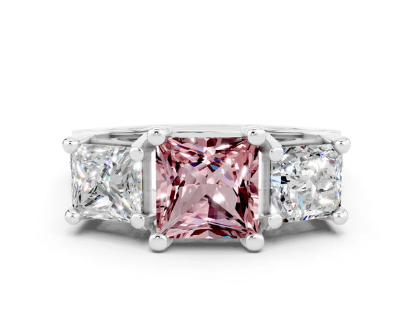White gold Princess Cut Morganite Three-Stone Ring with Channel Set Band and Four-Prong Setting