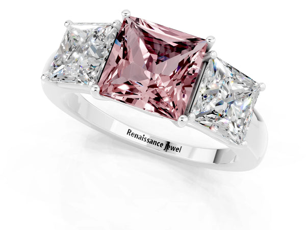Platinum Princess Cut Morganite Three-Stone Ring with Four-Prong Setting and Classic Band
