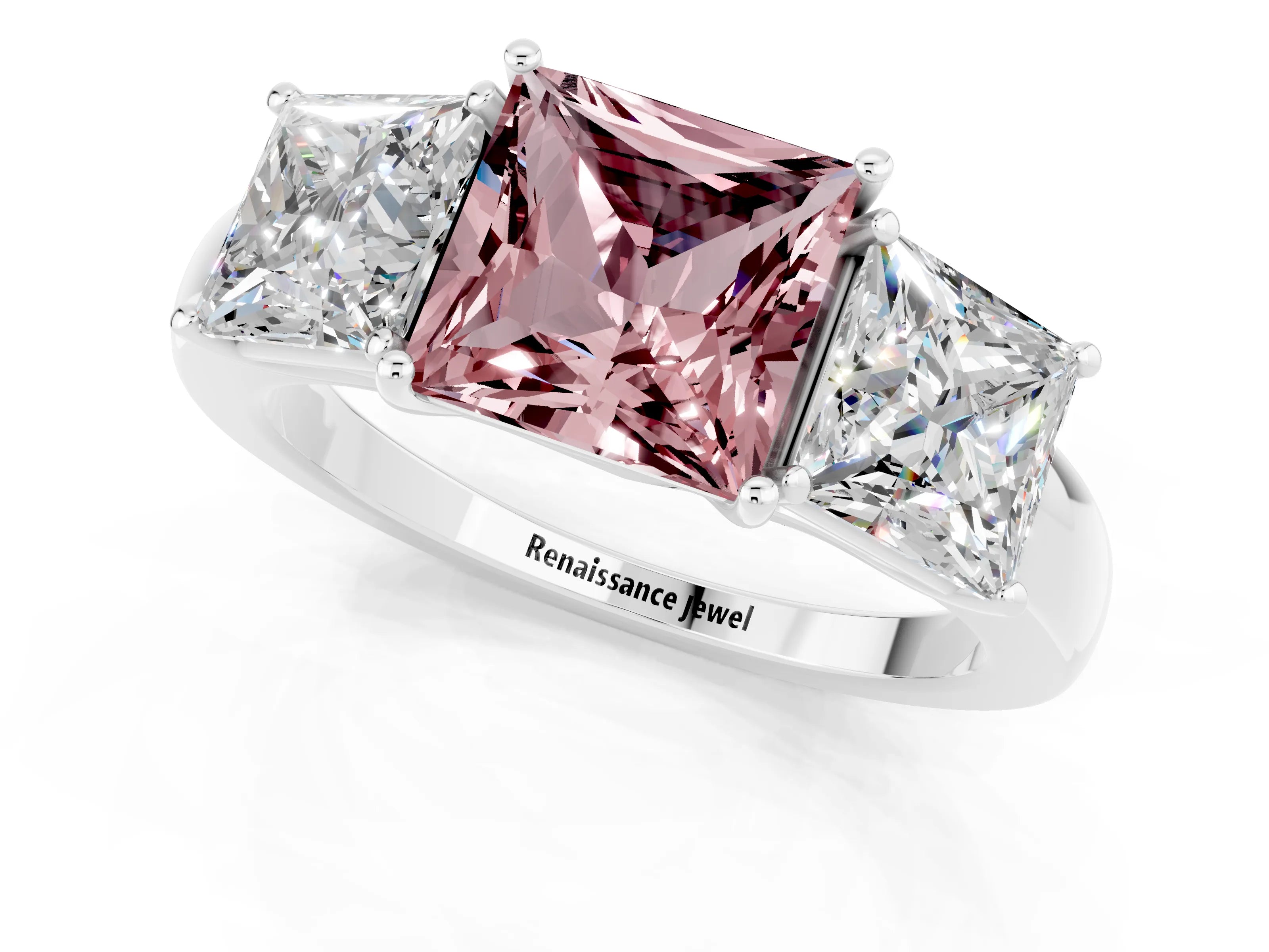 White gold Princess Cut Morganite Three-Stone Ring with Four-Prong Setting and Classic Band_1