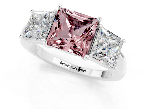 White gold Princess Cut Morganite Three-Stone Ring with Four-Prong Setting and Classic Band_1