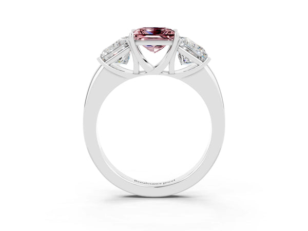 Platinum Princess Cut Morganite Three-Stone Ring with Four-Prong Setting and Classic Band