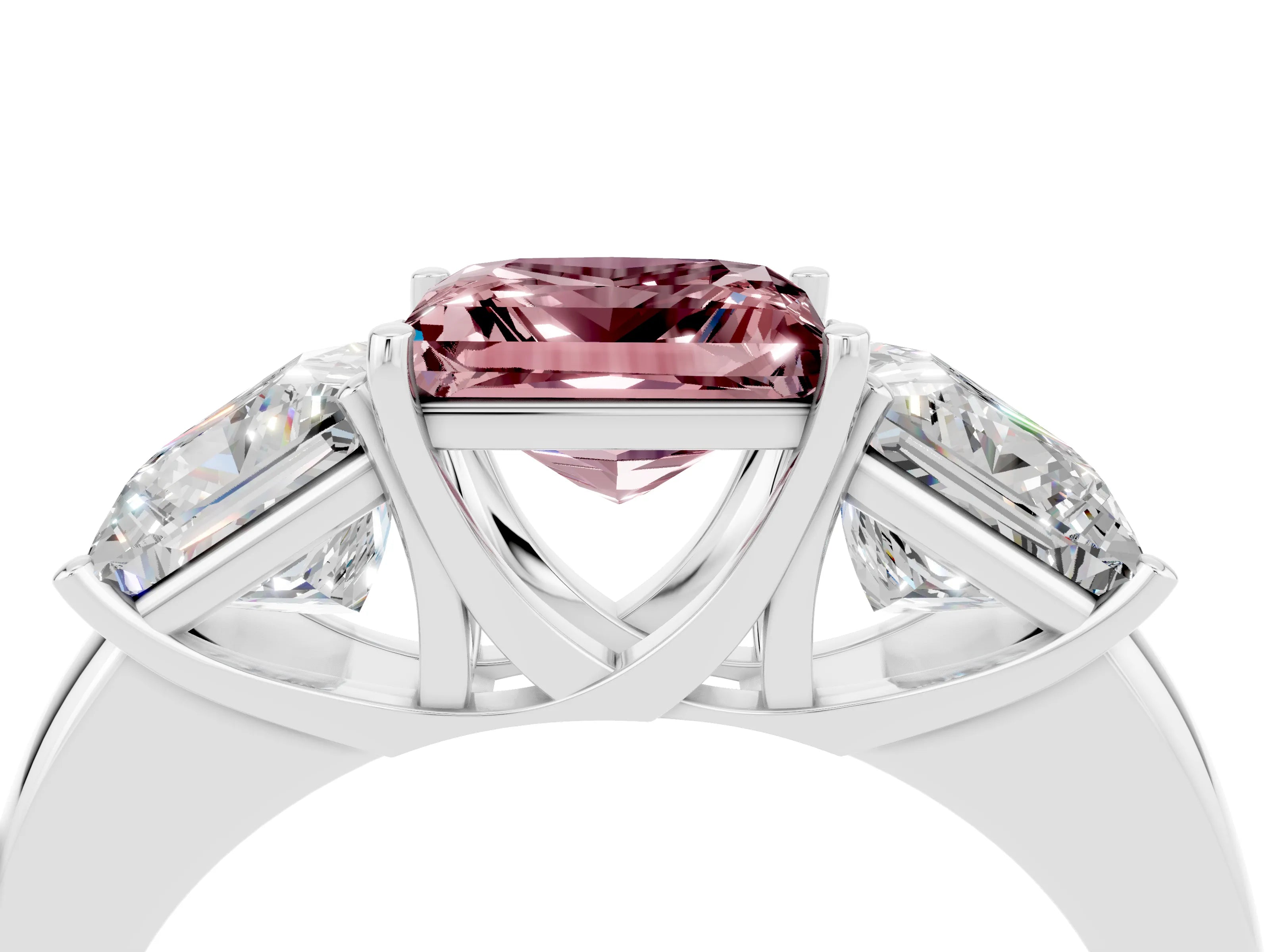 White gold Princess Cut Morganite Three-Stone Ring with Four-Prong Setting and Classic Band_4