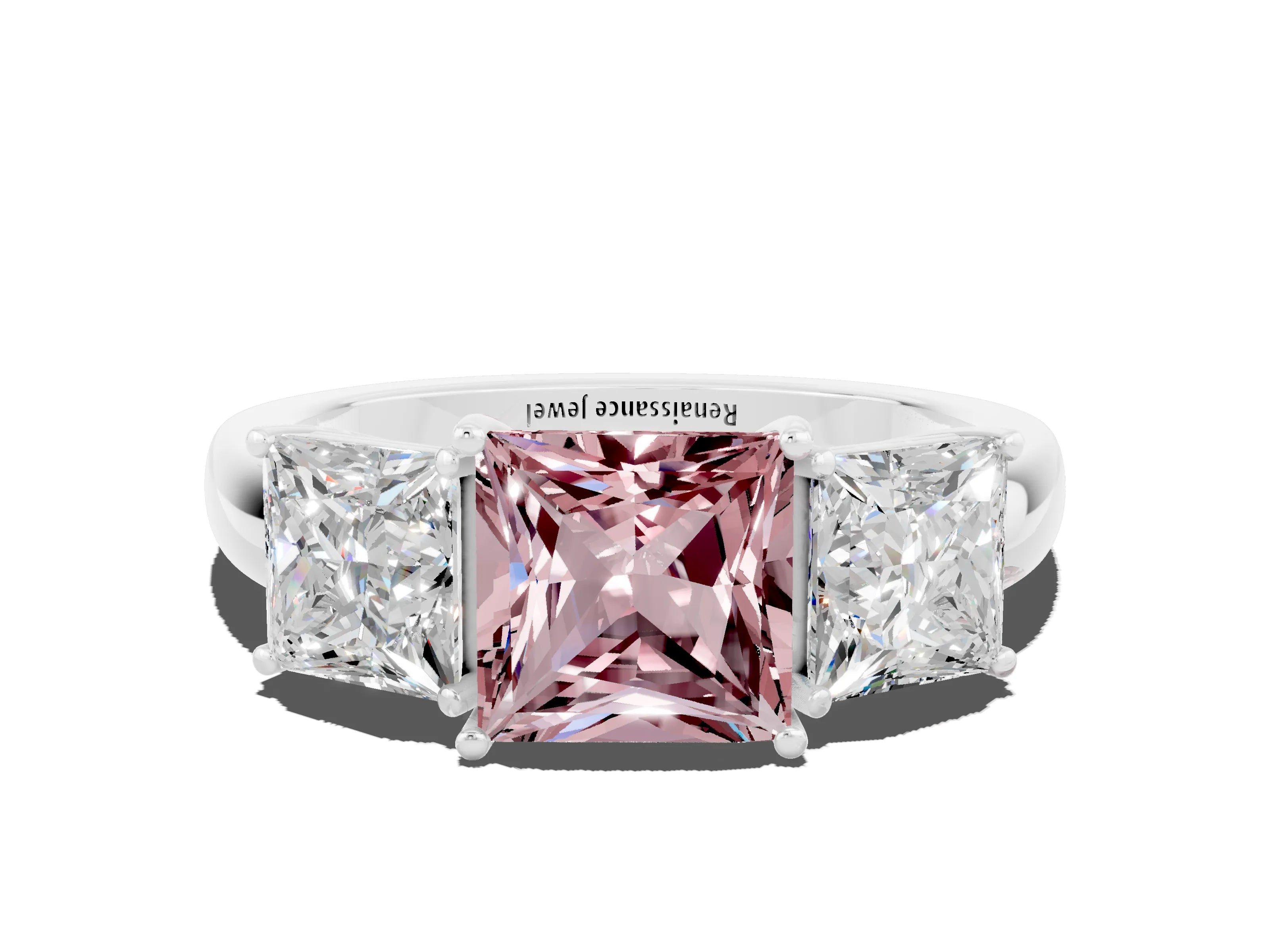 White gold Princess Cut Morganite Three-Stone Ring with Four-Prong Setting and Classic Band