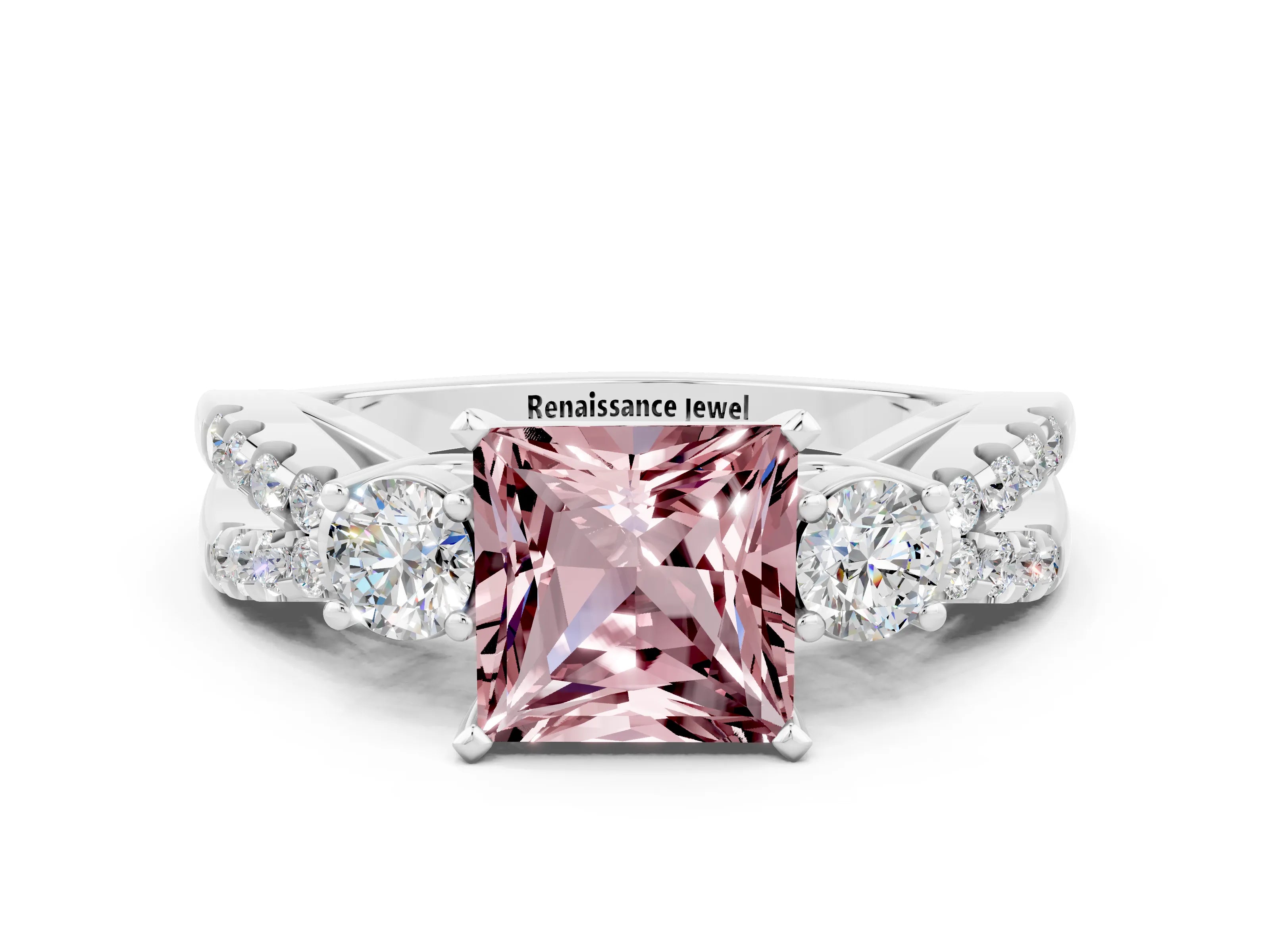 White gold Princess Cut Morganite Three-Stone Ring with Pavé Split Shank and Four-Prong Setting
