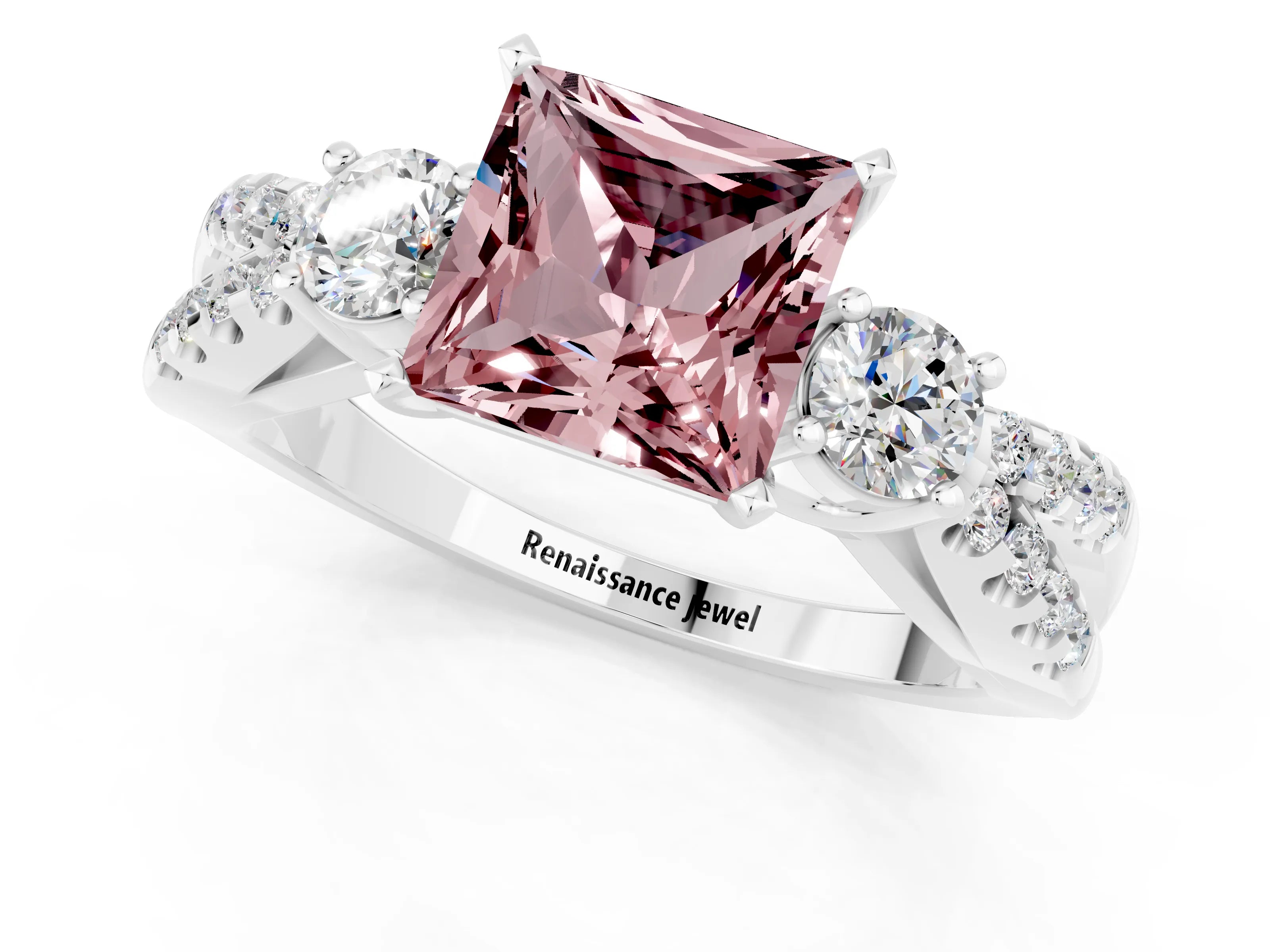 White gold Princess Cut Morganite Three-Stone Ring with Pavé Split Shank and Four-Prong Setting_1