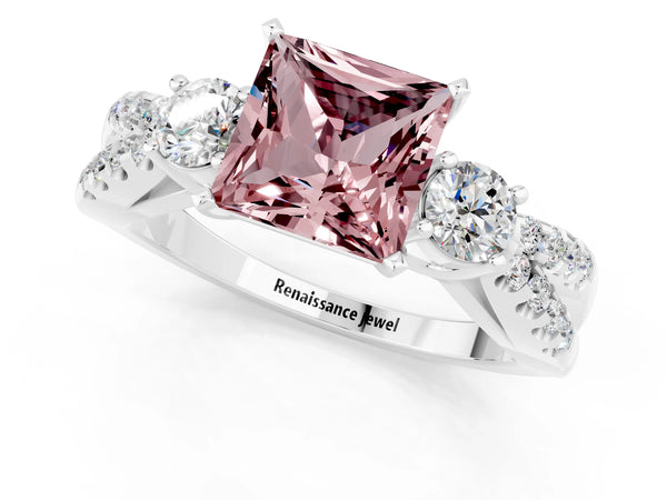 White gold Princess Cut Morganite Three-Stone Ring with Pavé Split Shank and Four-Prong Setting