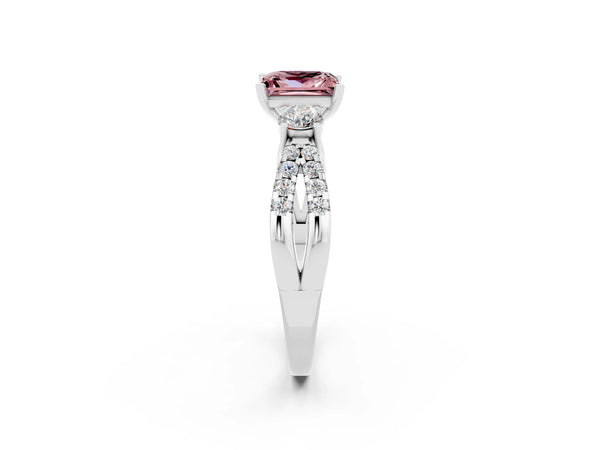 Platinum Princess Cut Morganite Three-Stone Ring with Pavé Split Shank and Four-Prong Setting