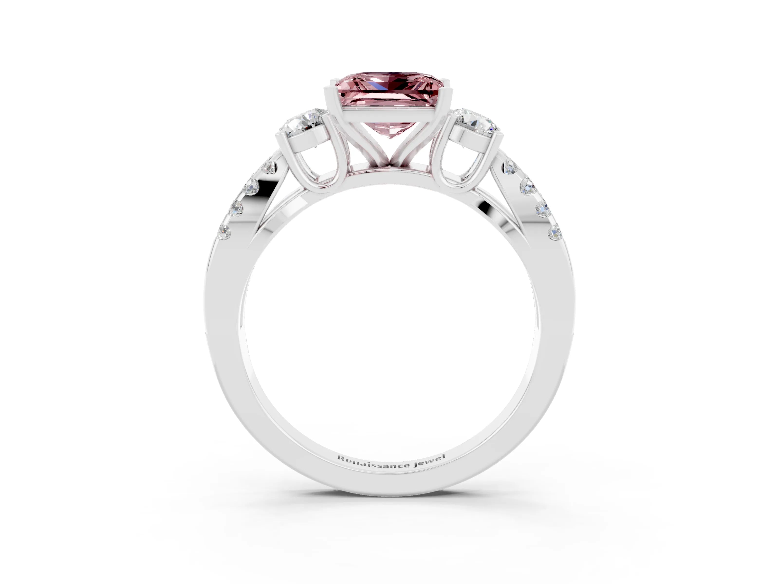 White gold Princess Cut Morganite Three-Stone Ring with Pavé Split Shank and Four-Prong Setting_3