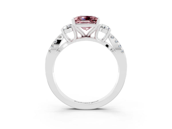 White gold Princess Cut Morganite Three-Stone Ring with Pavé Split Shank and Four-Prong Setting