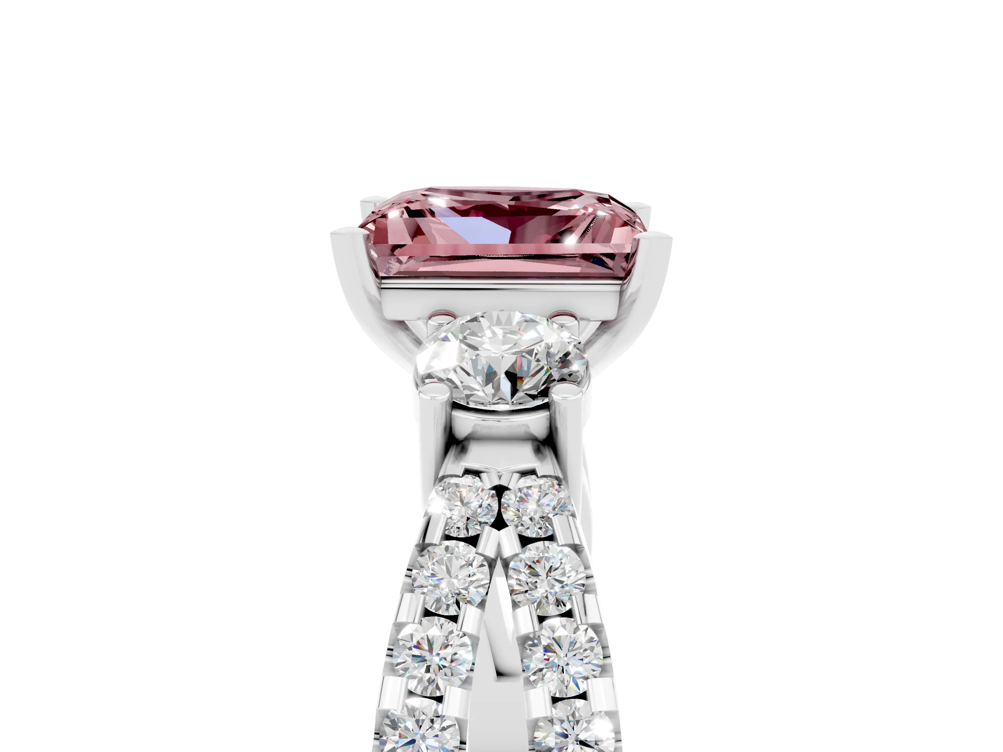 White gold Princess Cut Morganite Three-Stone Ring with Pavé Split Shank and Four-Prong Setting_5