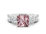 White gold Princess Cut Morganite Three-Stone Ring with Pavé Split Shank and Four-Prong Setting