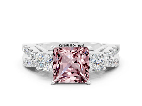 White gold Princess Cut Morganite Three-Stone Ring with Pavé Split Shank and Four-Prong Setting