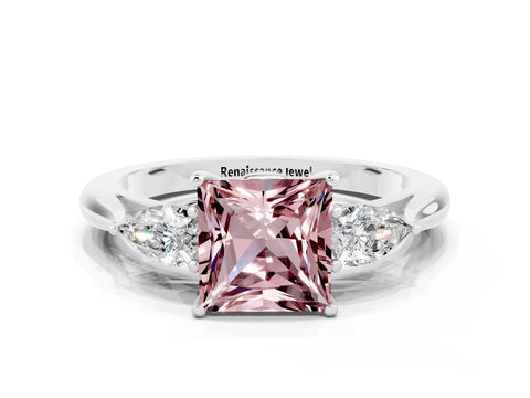 White gold Princess Cut Morganite Three-Stone Ring with Pear Side Stones and Four-Prong Setting_12
