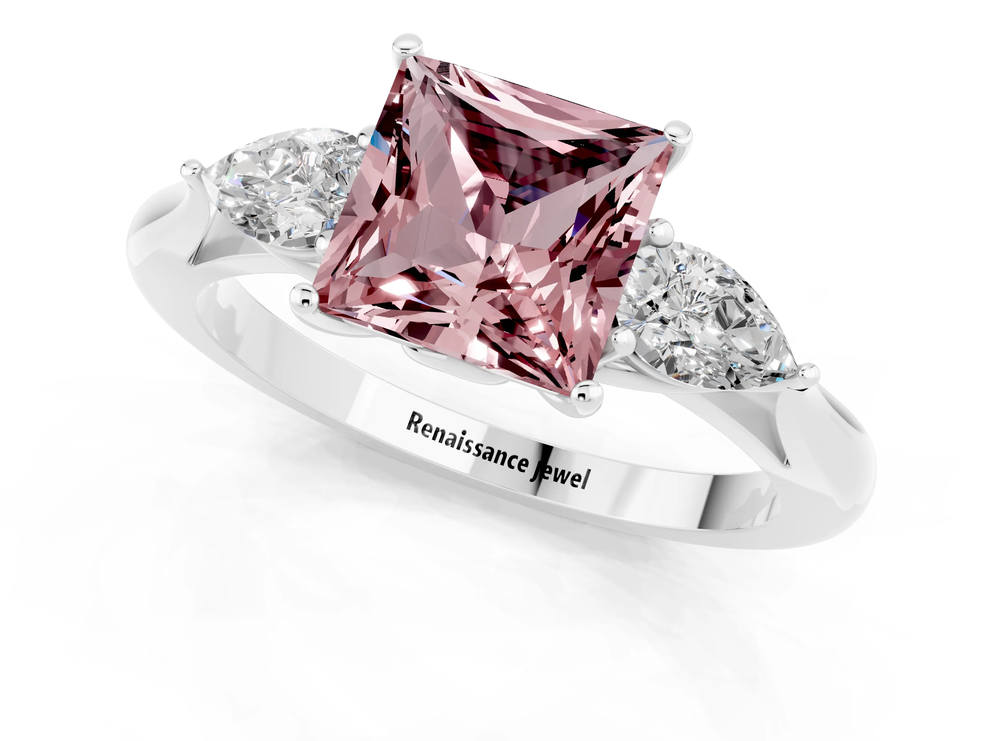 White gold Princess Cut Morganite Three-Stone Ring with Pear Side Stones and Four-Prong Setting_13