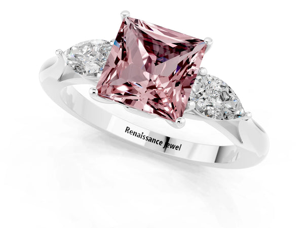 White gold Princess Cut Morganite Three-Stone Ring with Pear  Side Stones and Prong Setting