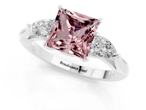 White gold Princess Cut Morganite Three-Stone Ring with Pear Side Stones and Four-Prong Setting_13