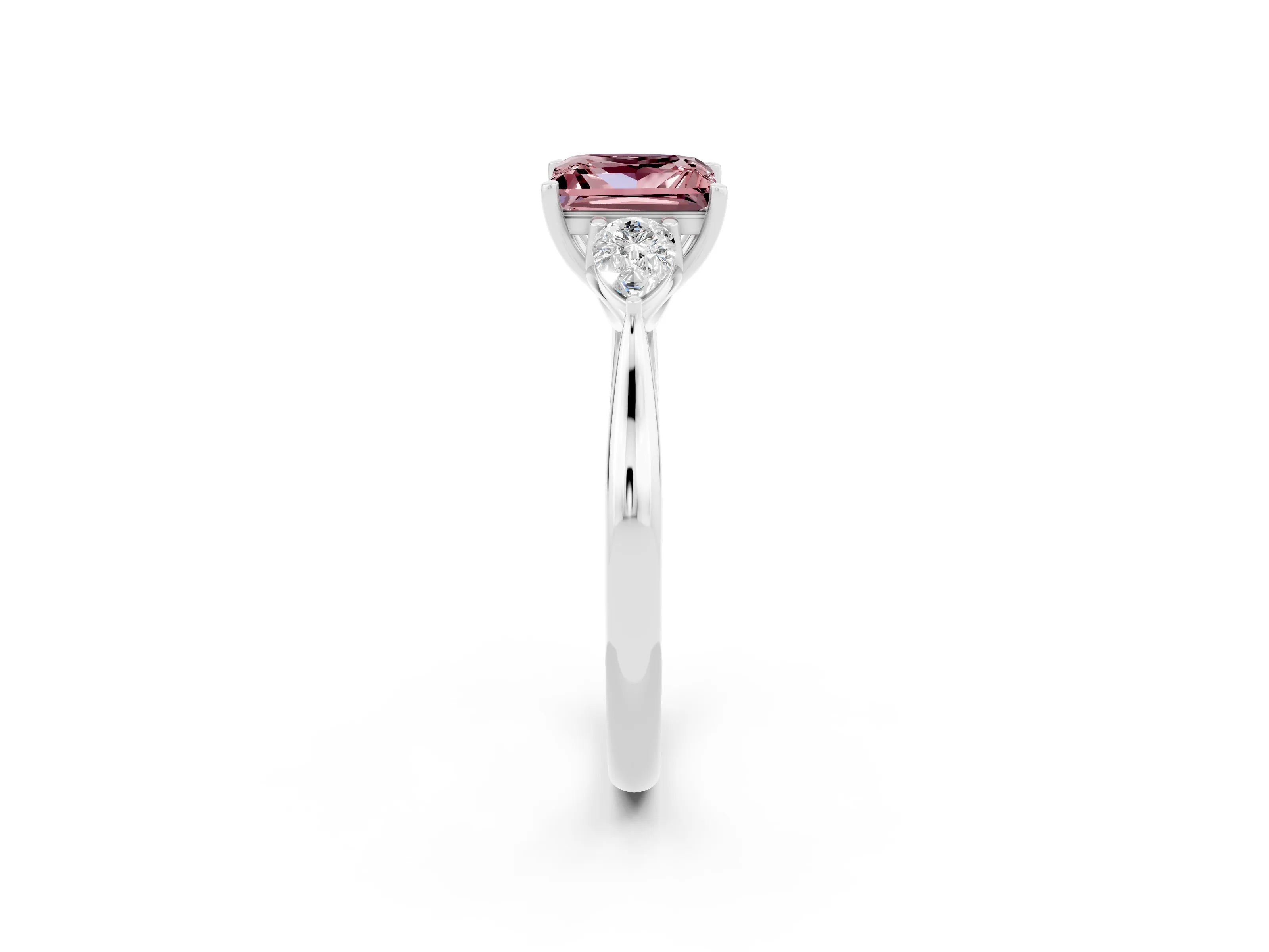 White gold Princess Cut Morganite Three-Stone Ring with Pear Side Stones and Four-Prong Setting_14