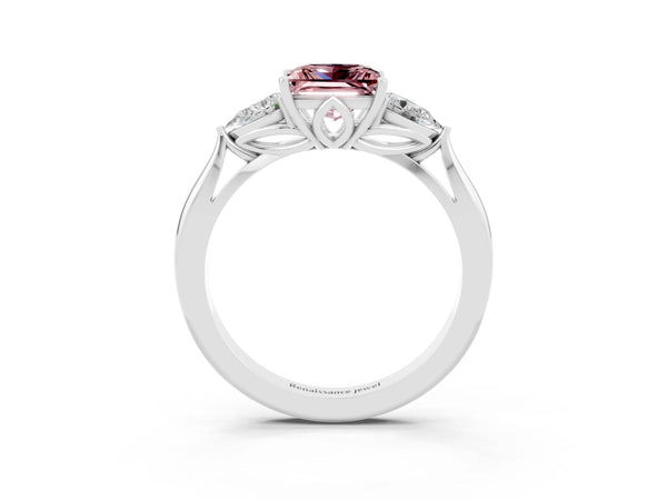 White gold Princess Cut Morganite Three-Stone Ring with Pear  Side Stones and Prong Setting