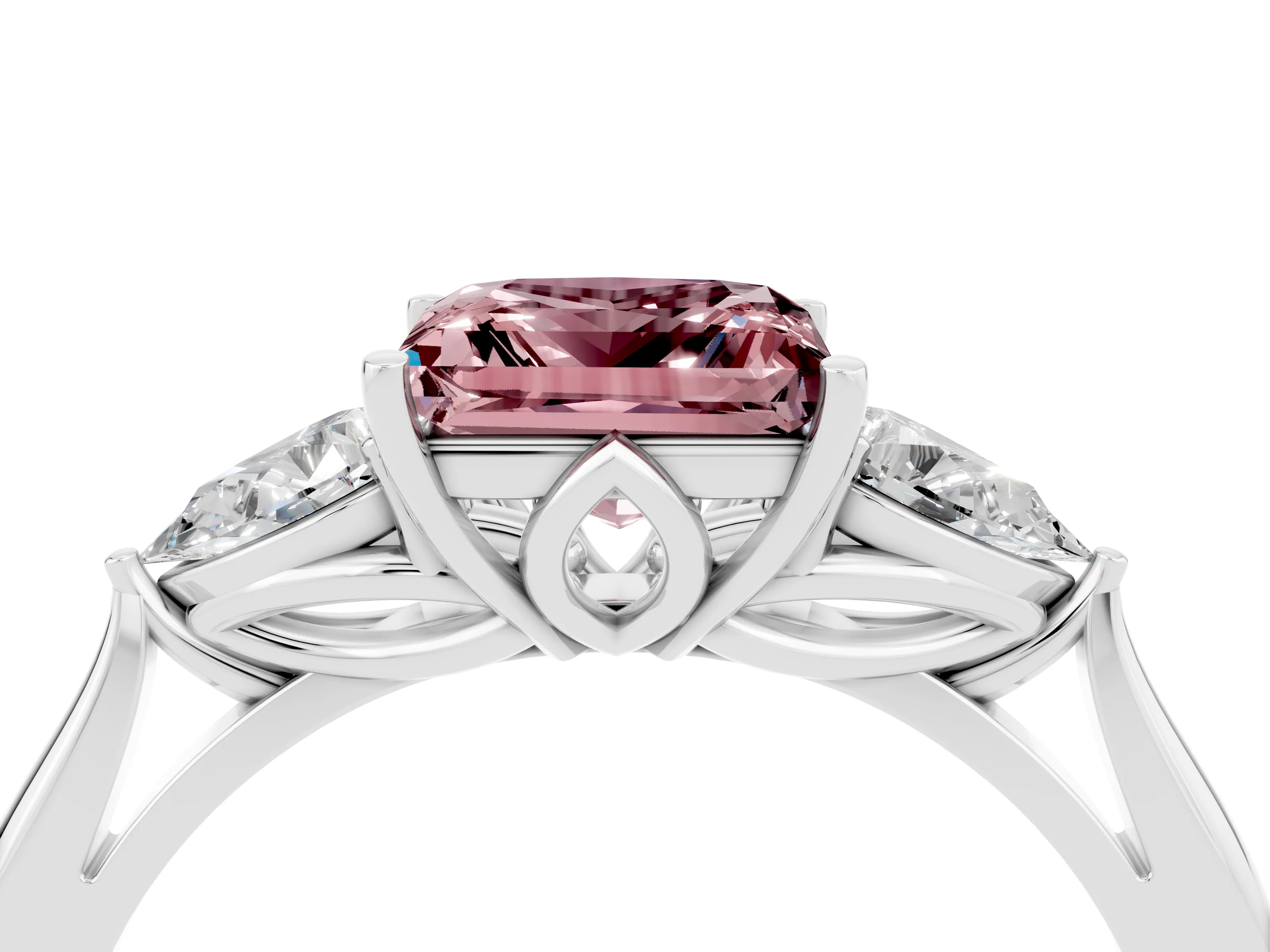 White gold Princess Cut Morganite Three-Stone Ring with Pear Side Stones and Four-Prong Setting_16