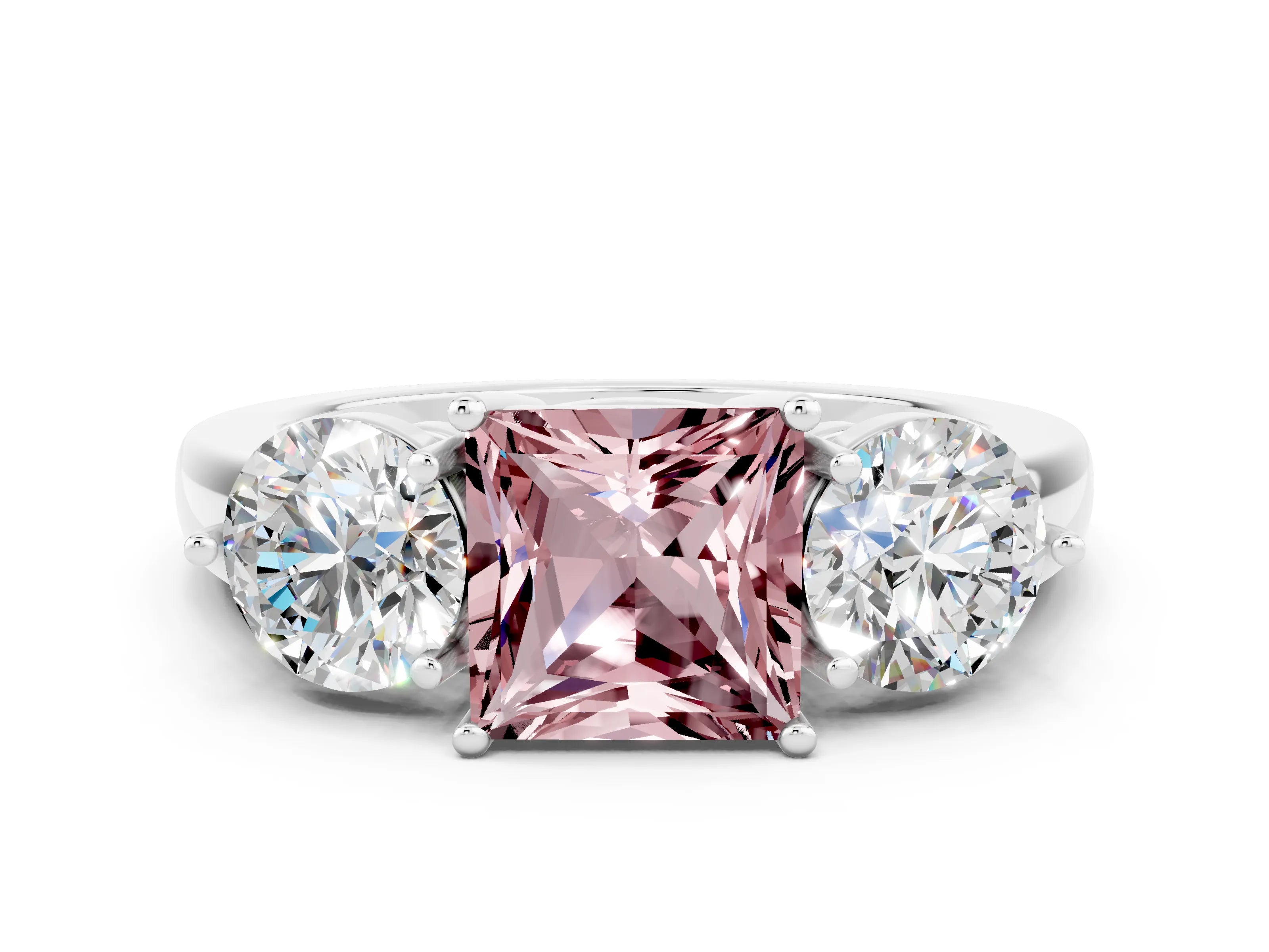White gold Princess Cut Morganite Three-Stone Ring with Prong Setting and Classic Band