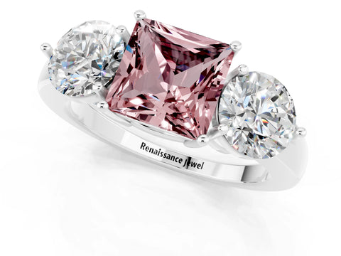White gold Princess Cut Morganite Three-Stone Ring with Prong Setting and Classic Band_1