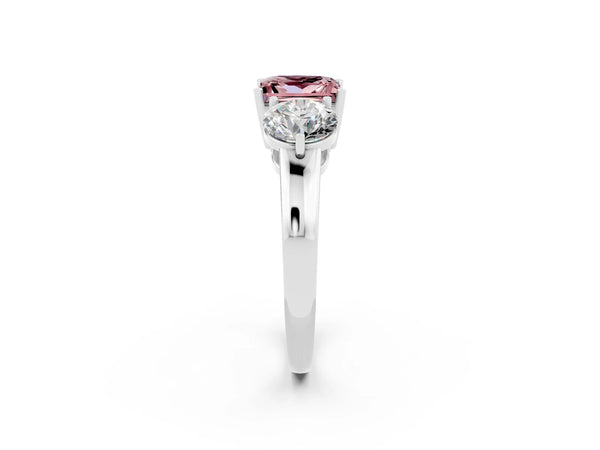 Platinum Princess Cut Morganite Three-Stone Ring with Prong Setting and Classic Band