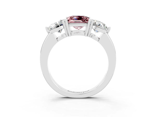 White gold Princess Cut Morganite Three-Stone Ring with Prong Setting and Classic Band