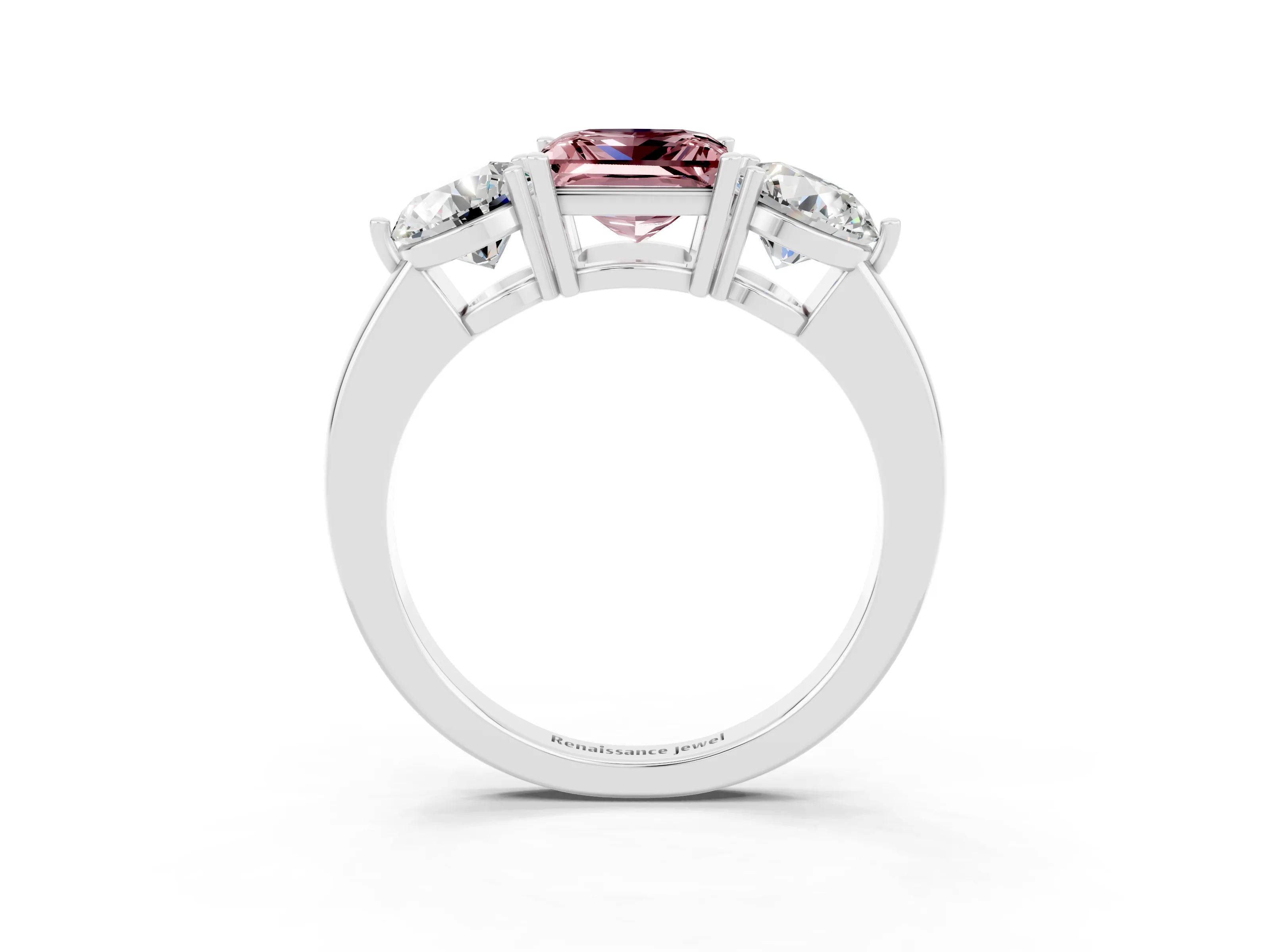White gold Princess Cut Morganite Three-Stone Ring with Prong Setting and Classic Band_3