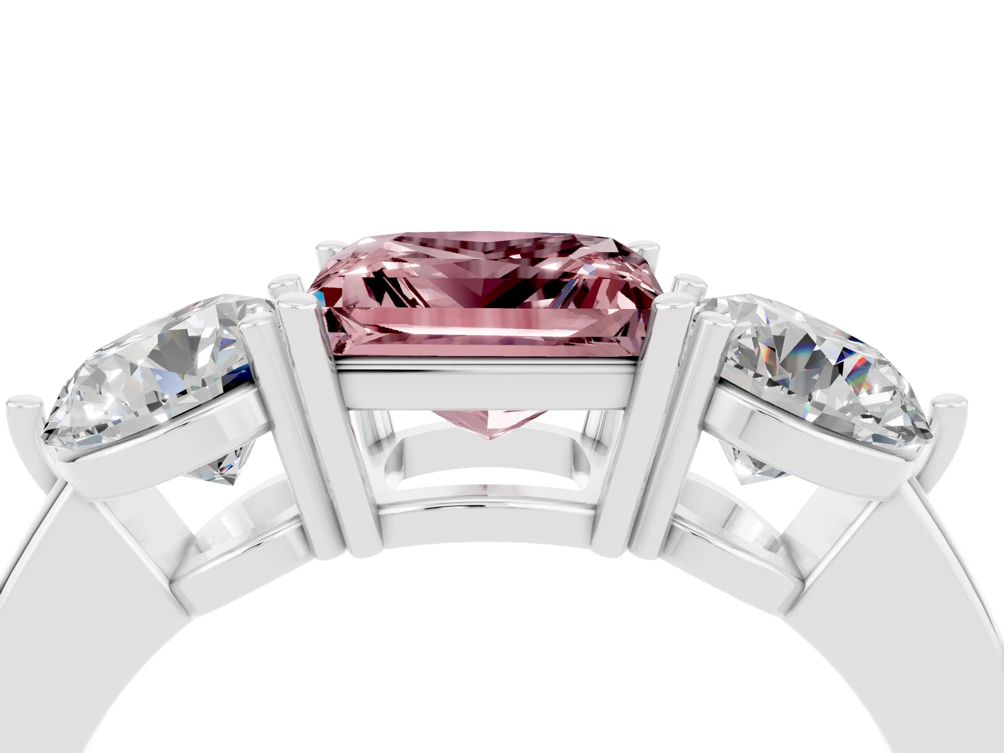 White gold Princess Cut Morganite Three-Stone Ring with Prong Setting and Classic Band_4