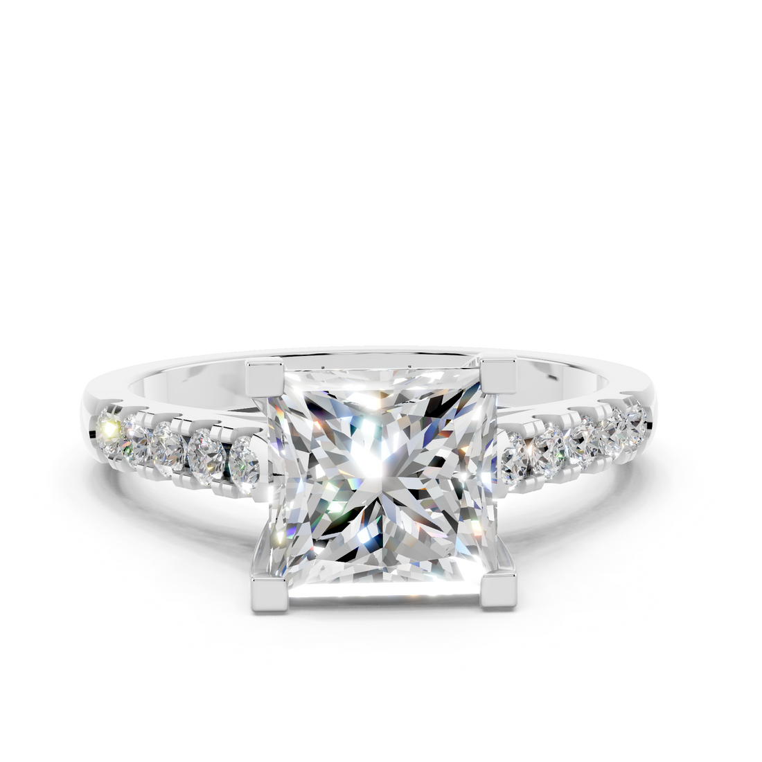 10K White Gold 1.55 Carat D VVS2 Princess Cut Pavé Band Solitaire Ring with Four-Prong Setting