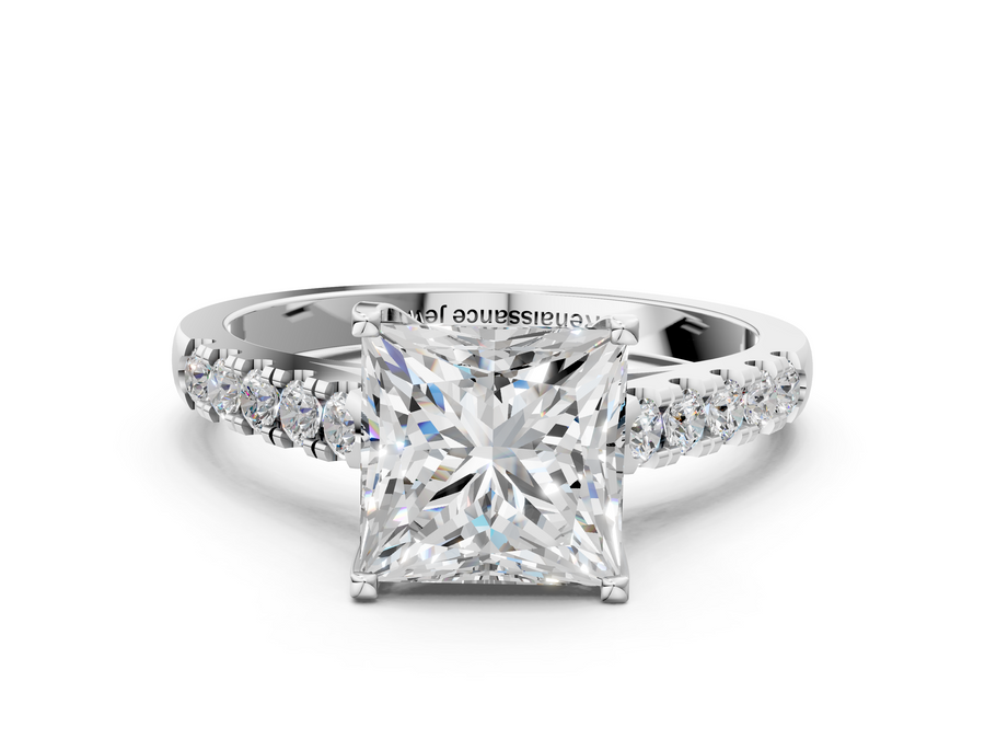 White gold Princess Cut Pavé Band Solitaire Ring with Four-Prong Setting